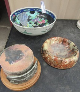 lot 55 image: set of 4 cowboy coasters, marble ash trey, peacock bowl