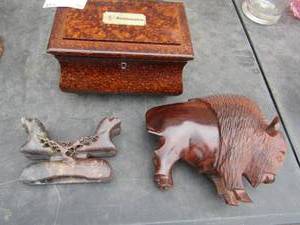 lot 56 image: SouthHampton jewelry box, wooden buffalo, and   CARVED SOAPSTONE BOOKREST