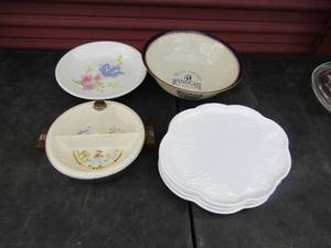 lot 105 image: Wingate Lenox salad bowl, 4 milk glass plates spots for cups, floral dcor bowl