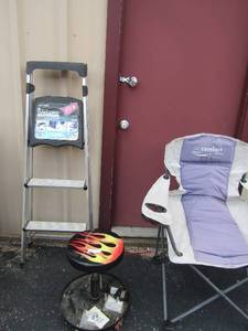 lot 118 image: air comfort camping chair used- easy reach ultra light aluminum 3 step step ladder, rolling flame work shop stool with bottom storage