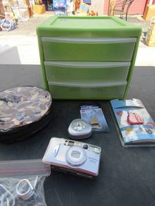 lot 128 image: 3 drawer storage ben, safe skies tsa lock new, flite lock new, fuji film camera,mind bending puzzle