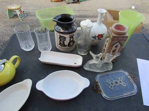 lot 142 image: 2 butter dishes, corn cob holders, crystal glasses, pitcher and more