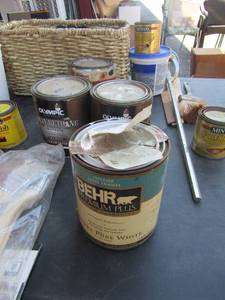 lot 152 image: various courts of used paints, clear stain, pure white, wood finish, new paint brushes, paint stirer, paint sticks