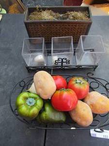 lot 153 image: home dcor, candle holder stands, wax fruit in basket, clear vase,