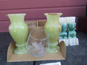 lot 157 image: marble glass vases appx 8 2 patogas glasses, green onyx book ends
