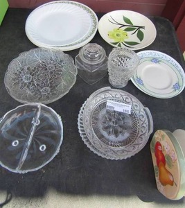lot 165 image: cornelle plates, saucers, various divided candy dishes clear glass, covered sugar dish and a crystal creamer dish, glass fruit napkin holder