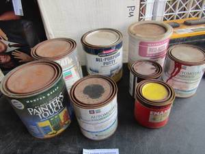 lot 169 image: various cans of paints, stains, enamel all used