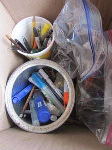 lot 174 image: box of pens pencils chargers, computer cords, markers used