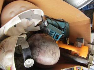 lot 195 image: Makita drill with charger   Chicago hand saw,    3 construction hard hats