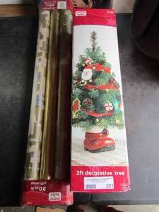 lot 201 image: 2ft decorative christmas tree nib, 80sq ft wrapping paper nw