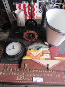 lot 202 image: kitchen wall hanger, clock, serving dish stand with wheels, floral handles piture house of webster rogers