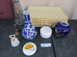 lot 225 image: wicker basket, vase with cork, nick nacks for dcor