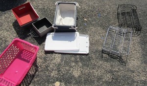 lot 227 image: small metal and plastic storage buckets tubs in 2 black trash bags