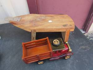 lot 228 image: old famers truck wooden 1 wheel broke, shoe shine stand