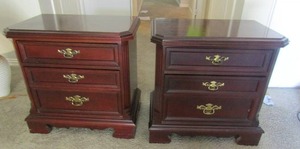 lot 230 image: Dark cherry wood 2 drawer side tables 25X26X16  QTY 2