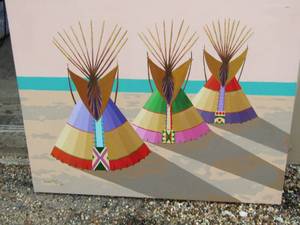 lot 252 image: ACRYLIC PAINTING OF NATIVE AMERICAN TEEPEES  BY  Urshel Taylor  22 x 28