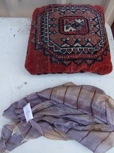 lot 272 image: NATIVE AMERICAN  NAVAJO INDIAN Pillow, hand made purple and yellow scarf BY LA PALOMA DE TULAC