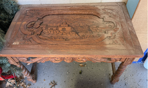 lot 4 image: Handcrafted brown wooden table, carved into village- 281619
