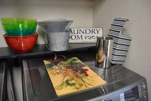 lot 246 image: Laundry Room Sign, Plastic Bowls, Glass Cutting Board and Metal Tub