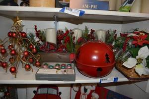 lot 85 image: Christmas Candles and Greenery, Giant Bell, and Gold Wire Tree with Ornaments