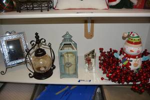 lot 87 image: Cranberry Wreath, Snowman Cookie Jar, Lanterns, and Picture Frame with Stand
