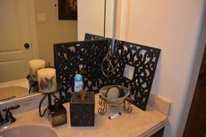 lot 97 image: Bathroom Dcor Soap Dispensers, Kleenex Holder, Wall Art, Candle, Towel Stand, and Glass Bowl with Stand