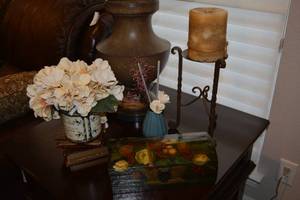 lot 108 image: Home Dcor Glazed Box, Flower Arrangement, Candle Holder with Candle