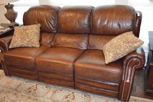 lot 111 image: Bassett Leather Couch - Both Ends Recline, 7Ft. W x 40D x 40H