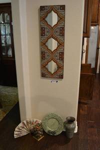 lot 125 image: Home Dcor Wall Mirror, Metal Vase, Plate, Glass Bubble Brass Vase with Potpourri, and Fan