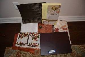 lot 128 image: Fall Dining Lot Fall Tablecloths (52 x 70 Oblong), Beaded Table Runner, and Empty Felt Lined Silverware Box
