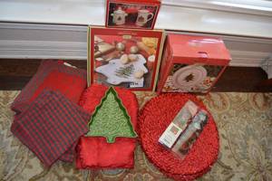 lot 134 image: Christmas Dining Serving Items Tablecloth, Napkins, Berry Napkin Rings, Chargers, Sugar and Creamer Set, Tree Plates, and 12-Piece Dinnerware