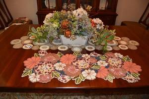 lot 138 image: 2 Beaded Table Runners and Flower Arrangement