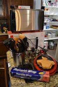 lot 169 image: Grill Lot Texas Bamboo Coasters, Pair of Fajita Grill Pans, Ronco Ready Grill and Utensils