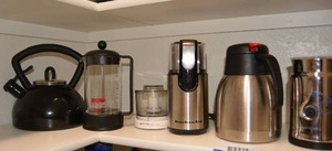 lot 211 image: Coffee Pots, French Press, Nespresso Pot, and Coffee Grinder