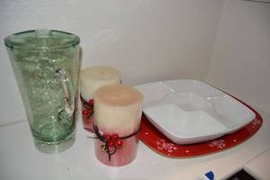lot 222 image: Christmas Serving Platters, Pair of Candles and Green Plastic Pitcher