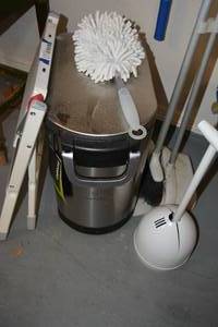 lot 353 image: Simply Human Dog Food Bin, Step Stool, Plunger and Broom