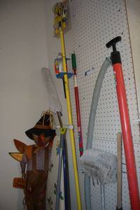 lot 366 image: Mops, Brooms, Scarecrow, Ironing Board, and Light Changing Kit