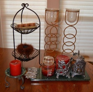 lot 156 image: Green Marble Cutting Board, Glamour Coozy, Wire Tier Basket Holder, and Candles
