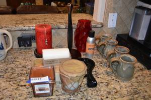 lot 160 image: Set of 4 Uncommon Clay Coffee Mugs, Candles and Paper Towel Holder