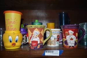 lot 165 image: Coffee Mugs, Green Glass, Plastic and Kids Cups, and Shot Glasses