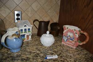 lot 195 image: Ceramic Teapot and Vase, Milk Glass Candy Dish, Pottery Vase signed by Artist, Metal Pitcher and Cups