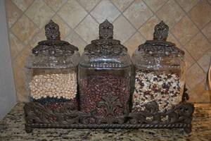 lot 190 image: Glass Cannisters on Wrought Iron Tray