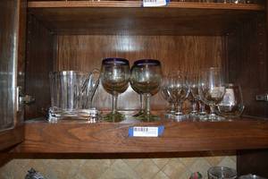 lot 179 image: Blown Glass Goblets with Blue Rims, Ice Bucket, Wine Glasses