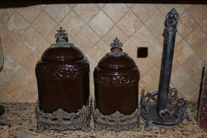 lot 182 image: Ceramic Cannisters with Wrought Iron Bases, and Paper Towel Holder
