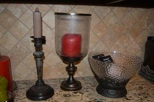lot 181 image: Glass Bowl with Mini Lights, and Candle Holders