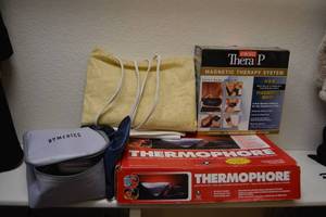 lot 303 image: Thermophore Blanket, Magnetic Therapy System, Home Medics Blood Pressure Kit