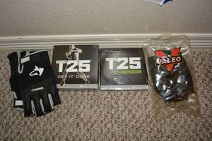 lot 348 image: Focus T25 Workout CDs by Beachbody and His and Her Gloves