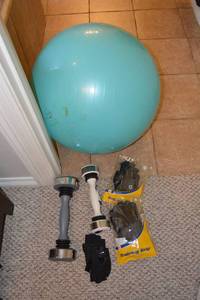 lot 341 image: 5 and 2.5 Lb. Shaker Weights, Training Gloves, and Exercise Ball