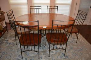 lot 141 image: Wrought Iron and Wood Dining Table and 6 Chairs