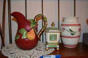 lot 147 image: Fitz and Floyd Pitcher and Lidded Ceramic Box, Plus Glazed Pottery Vase
